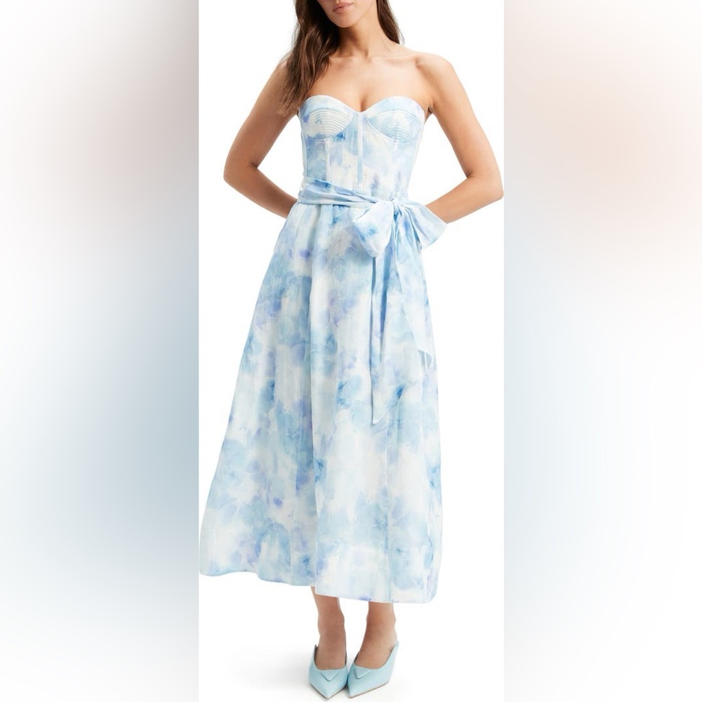 Bardot bandeau floral watercolor tie dye midi dress in blue